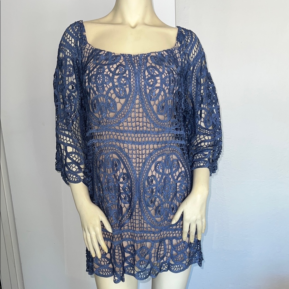 VTG SKY Crocheted Boho Blue Festival Fairy Whimsical Mini Dress. Size Small.